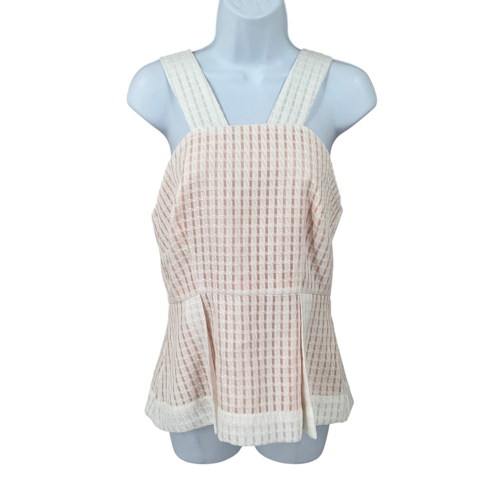 Maeve Peplum Tank Top Women 10 Peach White Gingham Square Neck Preppy Coastal